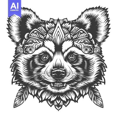 Aset desain premium: Ornate Black and White Illustration of a Panda's Head