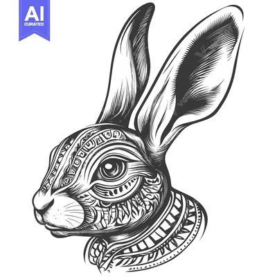 Premium design asset: Ornate Black and White Illustration of a Rabbit's Head