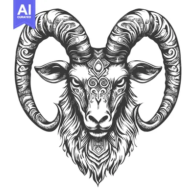 Aset premium populer: Ornate Black and White Illustration of a Ram's Head with Intricate Hor