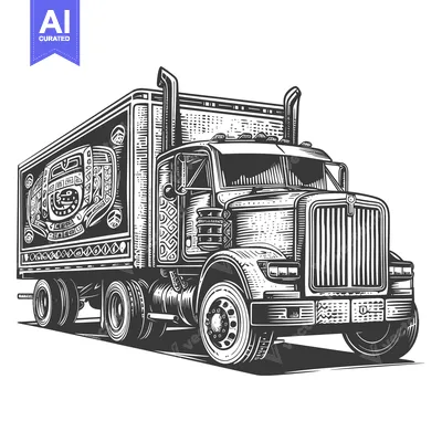 Ornate Black and White Illustration of a Semi-Truck with a Decorative