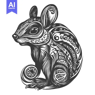 Aset desain premium: Ornate Black and White Illustration of a Sitting Mouse