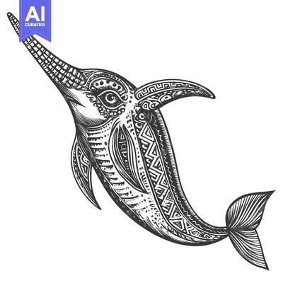 Premium design asset: Ornate Black and White Illustration of a Swordfish