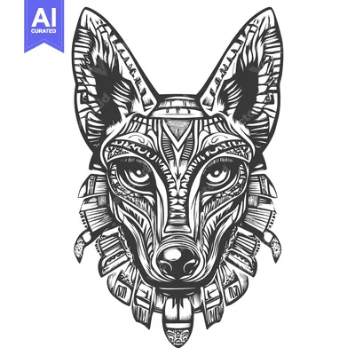 Aset desain premium: Ornate Black and White Illustration of a Wolf's Head