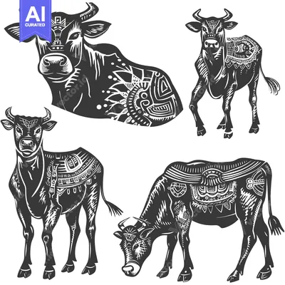Aset premium populer: Ornate Black and White Illustrations of Cows