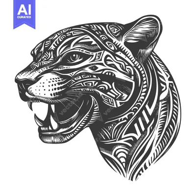 Aset desain premium: Ornate Black and White Jaguar Head Illustration