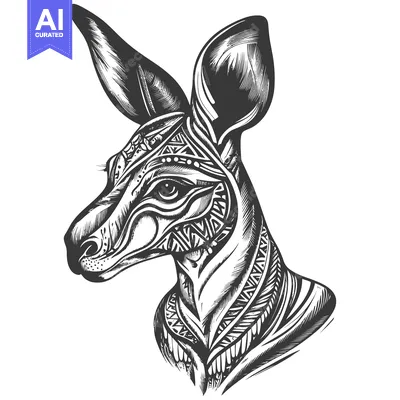 Premium design asset: Ornate Black and White Kangaroo Head Illustration