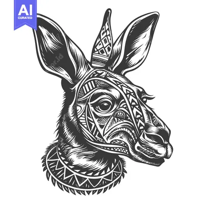 Aset desain premium: Ornate Black and White Kangaroo Head with Tribal Pattern