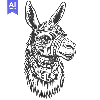 Premium design asset: Ornate Black and White Llama Head Illustration