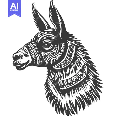 Aset desain premium: Ornate Black and White Llama Head Illustration