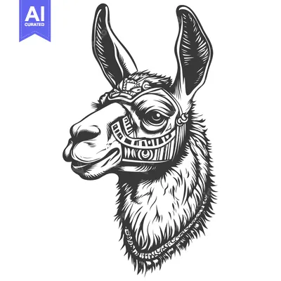 Ornate Black and White Llama Head Illustration