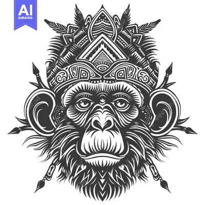 Aset premium populer: Ornate Black and White Monkey Head with Feathers and Tribal Design