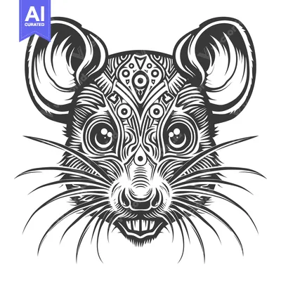 Aset desain premium: Ornate Black and White Mouse Head Illustration