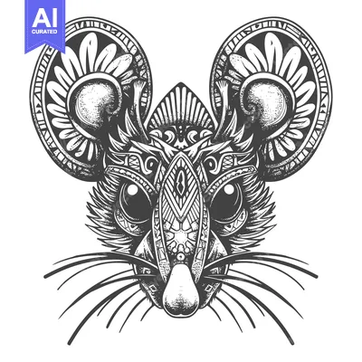 Premium design asset: Ornate Black and White Mouse Head with Geometric Detail