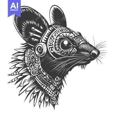 Premium design asset: Ornate Black and White Mouse with Feathers and Tribal Designs