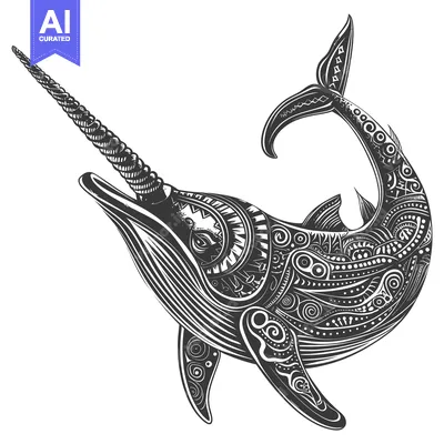 Ornate Black and White Narwhal with Geometric Patterns