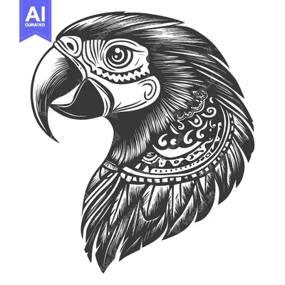Aset premium populer: Ornate Black and White Parrot Head Illustration