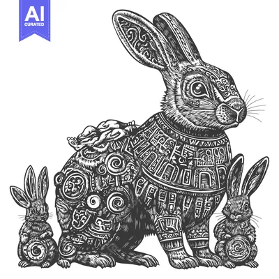 Popular premium asset: Ornate Black and White Rabbit Family Illustration