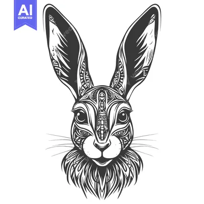 Aset desain premium: Ornate Black and White Rabbit Head with Detailed Fur