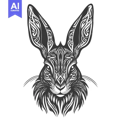 Aset desain premium: Ornate Black and White Rabbit Head with Intricate Patterns