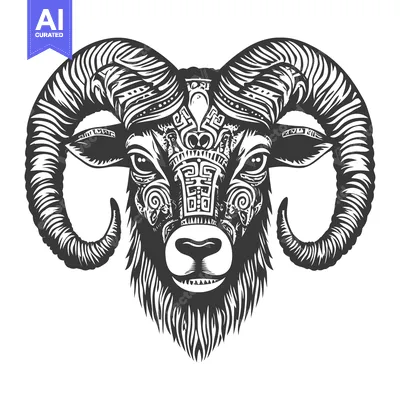 Aset desain premium: Ornate Black and White Ram Head with Detailed Horns