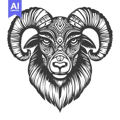 Aset desain premium: Ornate Black and White Ram Head with Intricate Detailing