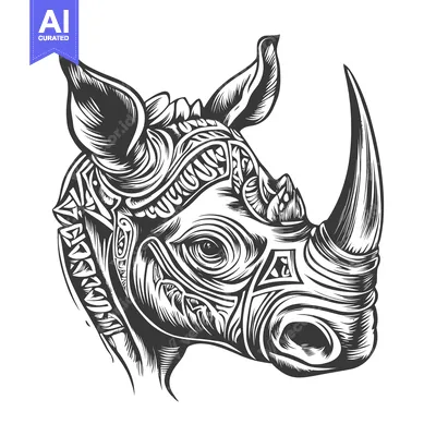 Aset desain premium: Ornate Black and White Rhinoceros Head Illustration