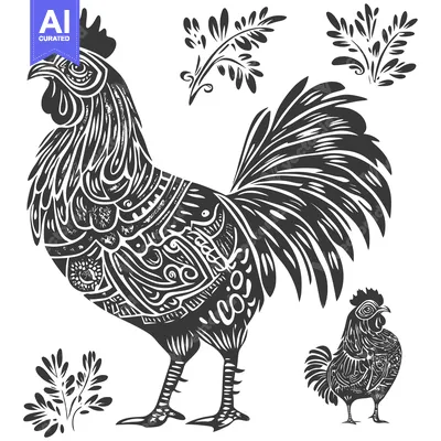 Aset desain premium: Ornate Black and White Rooster Illustration with Floral Elements