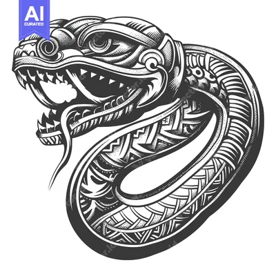 Aset premium populer: Ornate Black and White Snake with Open Mouth and Tribal Design