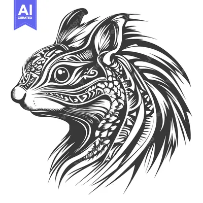 Aset premium populer: Ornate Black and White Squirrel Head Illustration