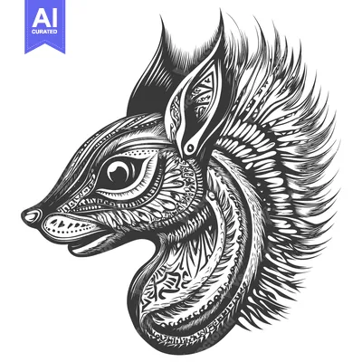 Ornate Black and White Squirrel Head with Detailed Design