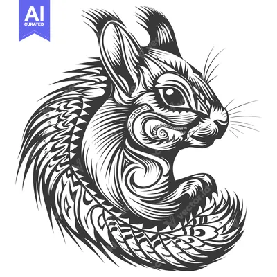 Aset desain premium: Ornate Black and White Squirrel Illustration