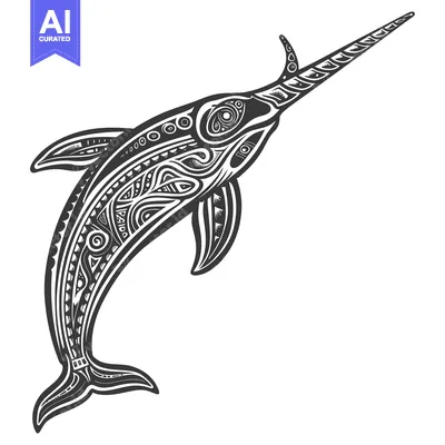 Aset desain premium: Ornate Black and White Swordfish with Tribal Design