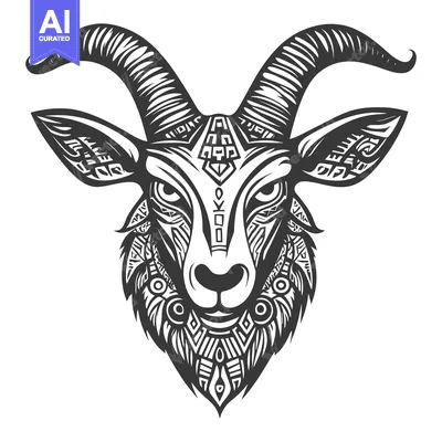 Aset desain premium: Ornate Black and White Tribal Goat Head Illustration