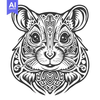 Aset desain premium: Ornate Black and White Tribal Hamster Illustration