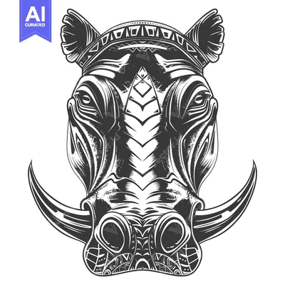 Ornate Black and White Warthog Head with Tusks