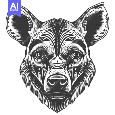 Aset desain premium: Ornate Black and White Wild Dog Head Illustration