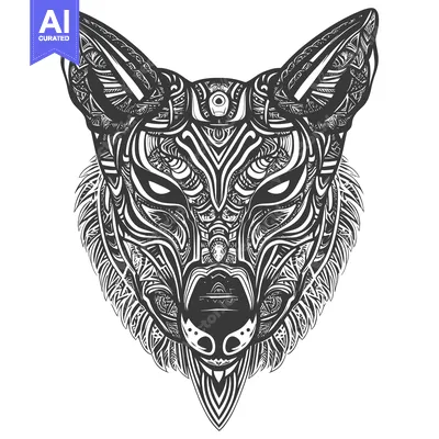 Aset desain premium: Ornate Black and White Wolf Head Illustration