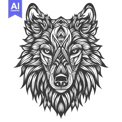 Premium design asset: Ornate Black and White Wolf Head Illustration