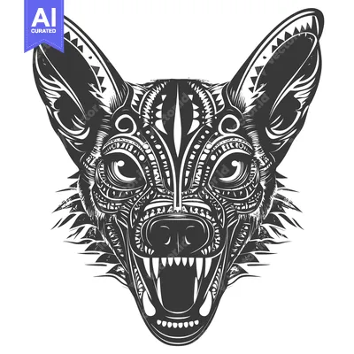 Aset premium populer: Ornate Black and White Wolf Head with Open Mouth and Sharp Teeth