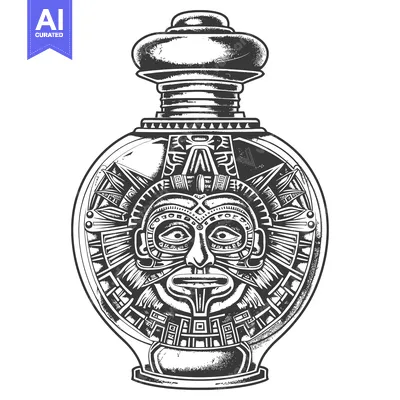Aset desain premium: Ornate Bottle with Centralized Aztec Mask Design
