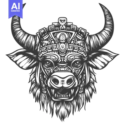 Aset desain premium: Ornate Bull Head with Crown and Detailed Design