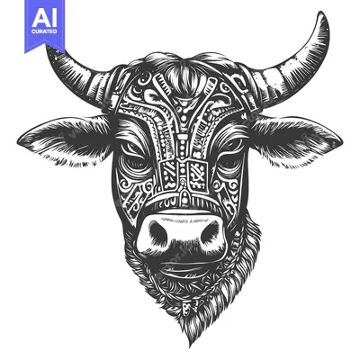 Aset desain premium: Ornate Bull Head with Detailed Pattern and Horns