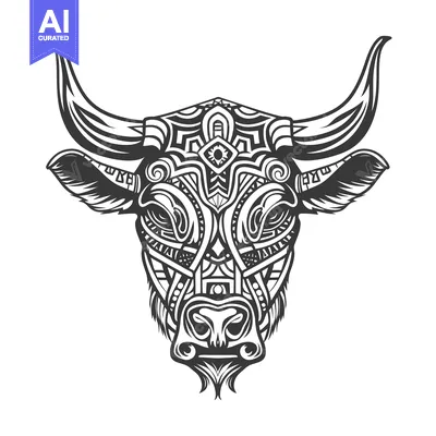 Aset desain premium: Ornate Bull Head with Geometric Patterns and Intricate Details