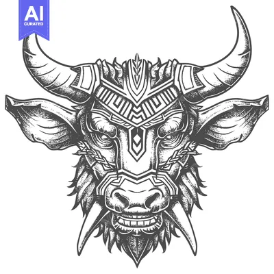 Aset desain premium: Ornate Bull Head with Intricate Geometric Pattern