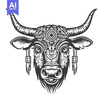 Premium design asset: Ornate Bull Head with Tribal Design and Feathers