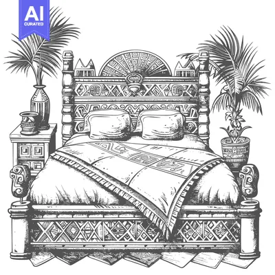 Ornate Carved Wooden Bed with Palm Trees and Vases