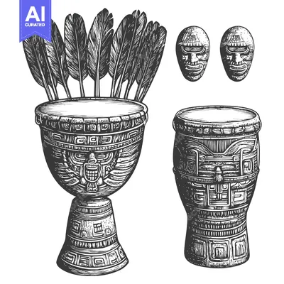 Aset desain premium: Ornate Ceremonial Drums, Feathers, and Masks of the Ancient Americas
