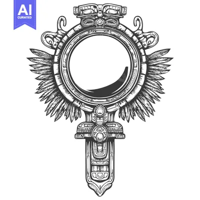 Aset desain premium: Ornate Circle Frame With Feathered Wings And Mayan Design Elements