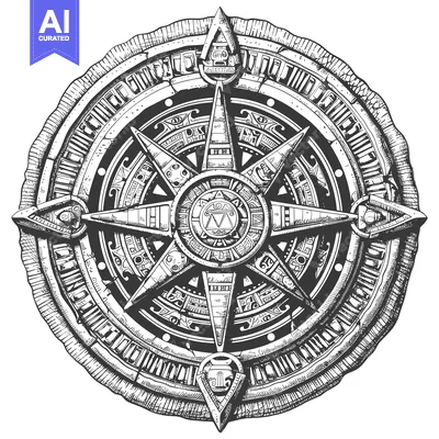 Ornate Circular Compass with Mayan-Inspired Designs