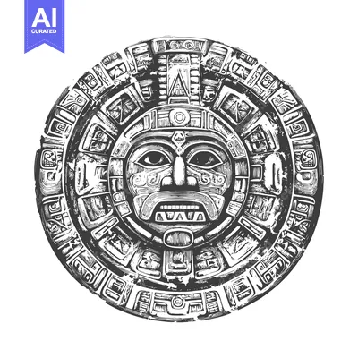 Aset desain premium: Ornate Circular Design Featuring a Mayan Deity Face with Intricate Pat